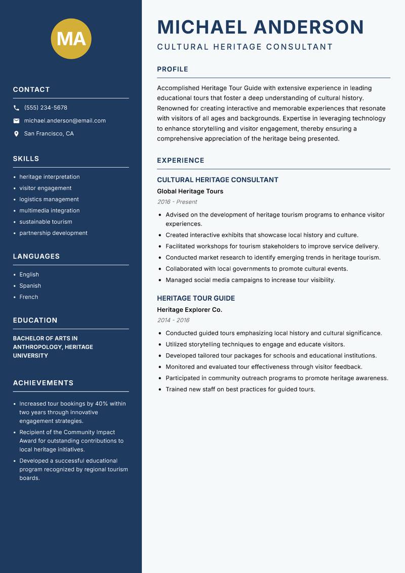 Heritage Tour Guide resume template — Classic Clean