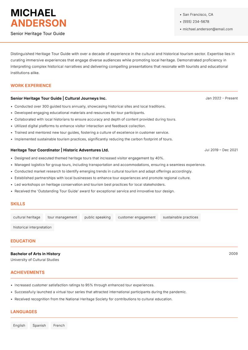 Heritage Tour Guide resume template — Modern Professional
