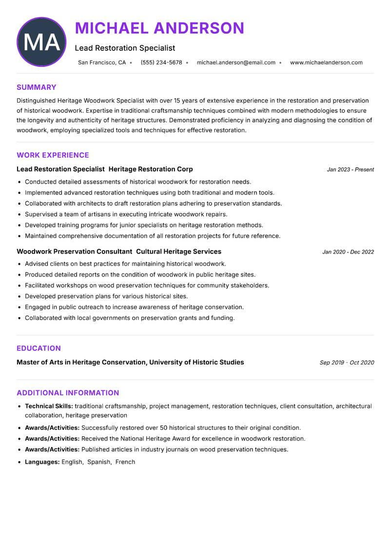 Heritage Woodwork Specialist resume example — ATS-friendly template