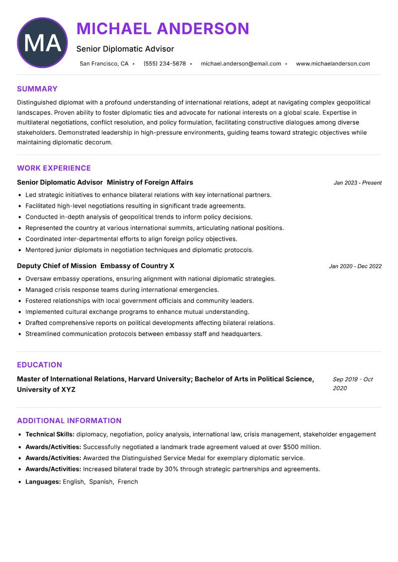 High Commissioner resume example — ATS-friendly template