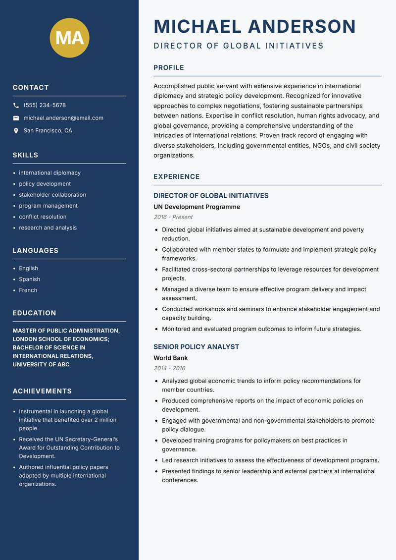 High Commissioner resume template — Classic Clean