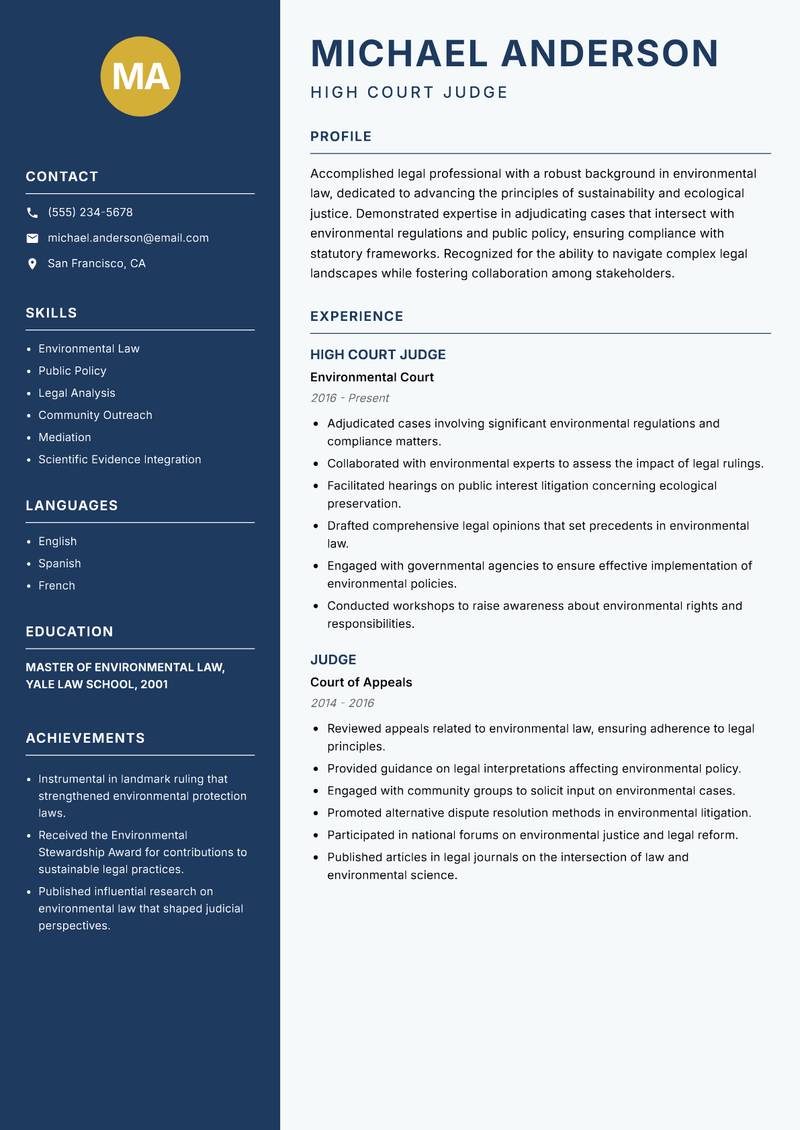 High Court Judge resume template — Classic Clean