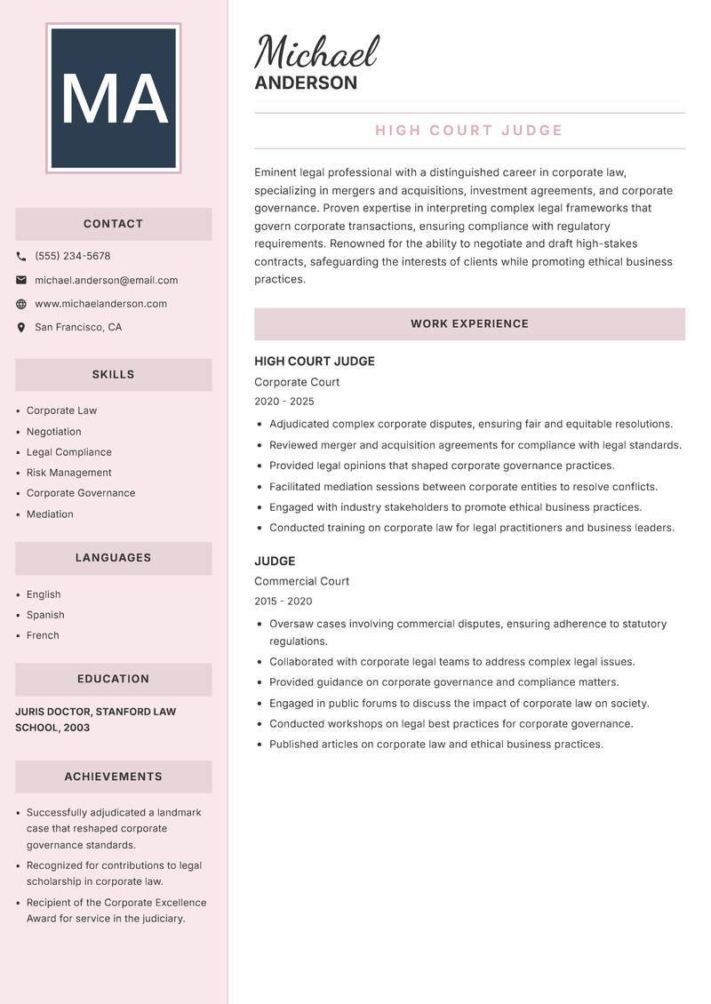 High Court Judge resume template — Executive