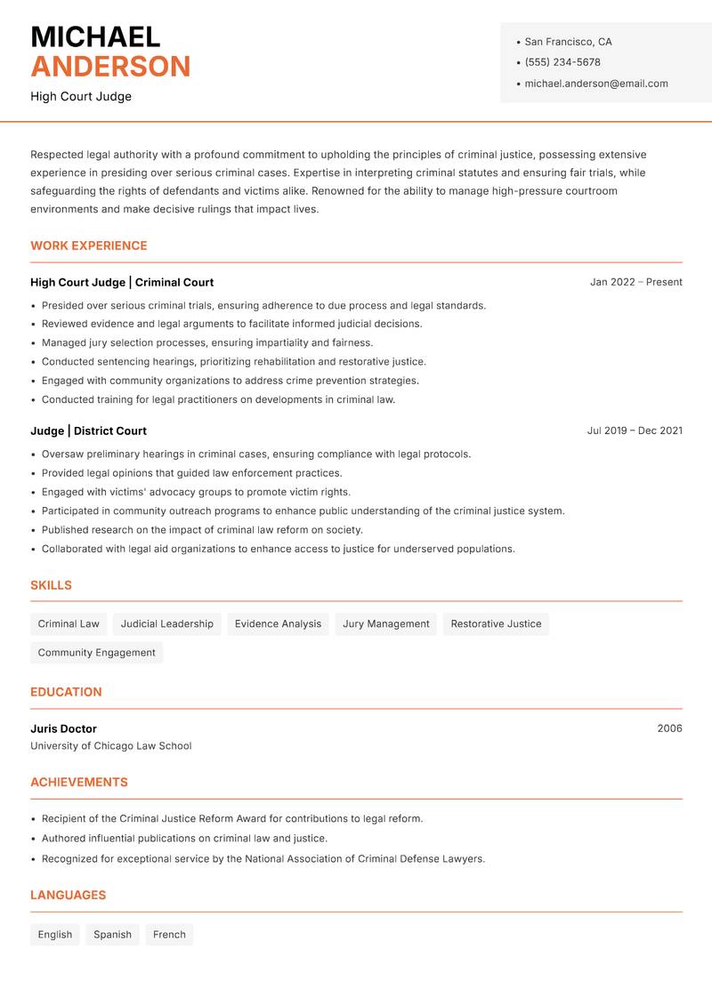 High Court Judge resume template — Modern Professional