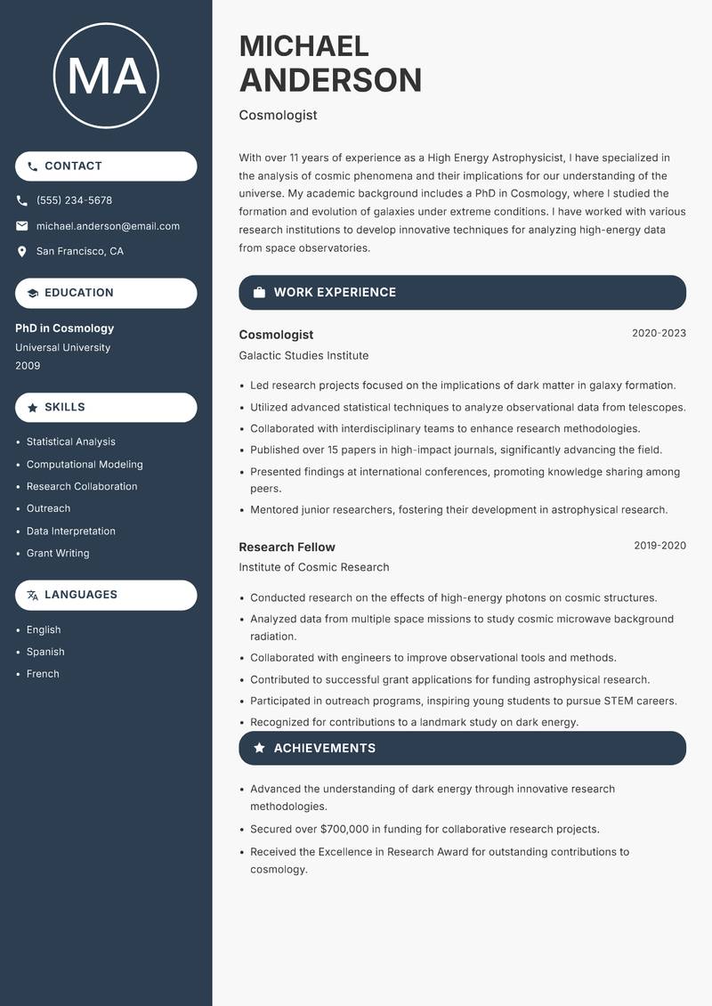 High Energy Astrophysicist resume template — Compact
