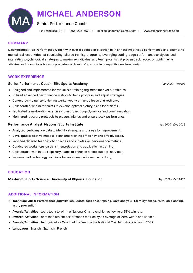 High Performance Coach resume example — ATS-friendly template