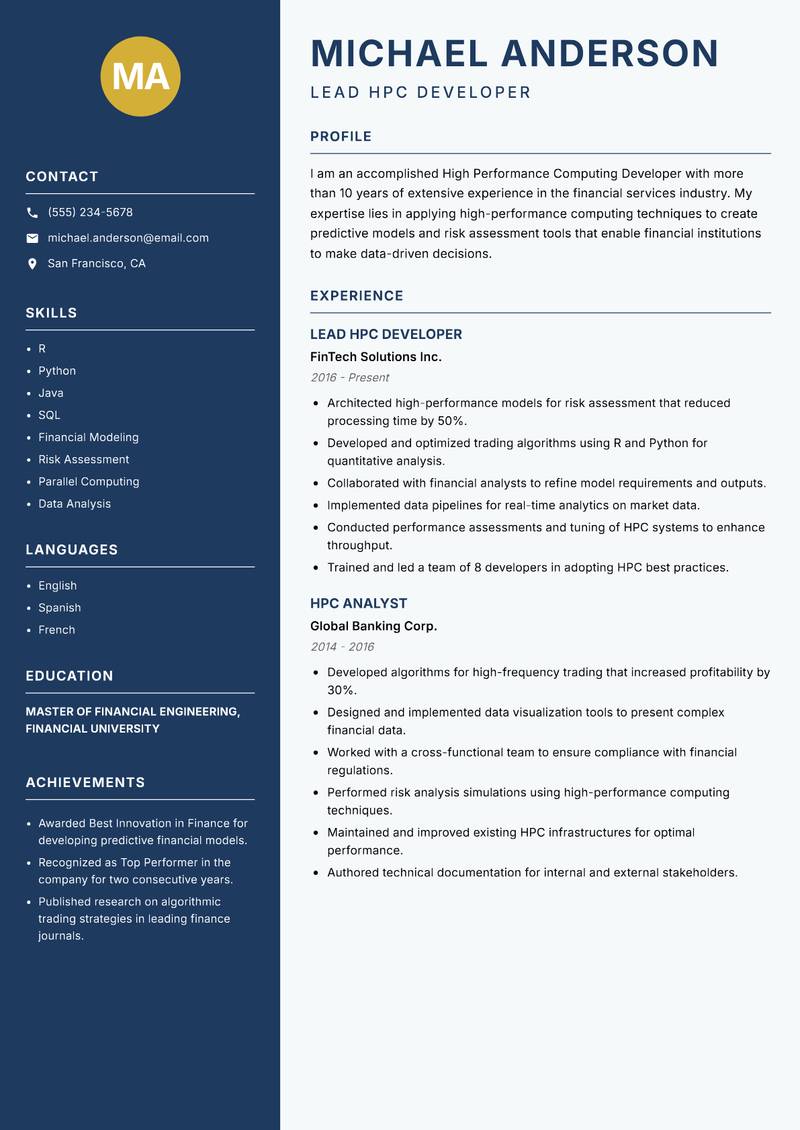 High Performance Computing Developer resume template — Classic Clean