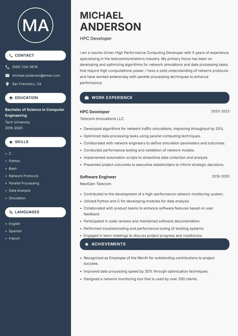 High Performance Computing Developer resume template — Compact