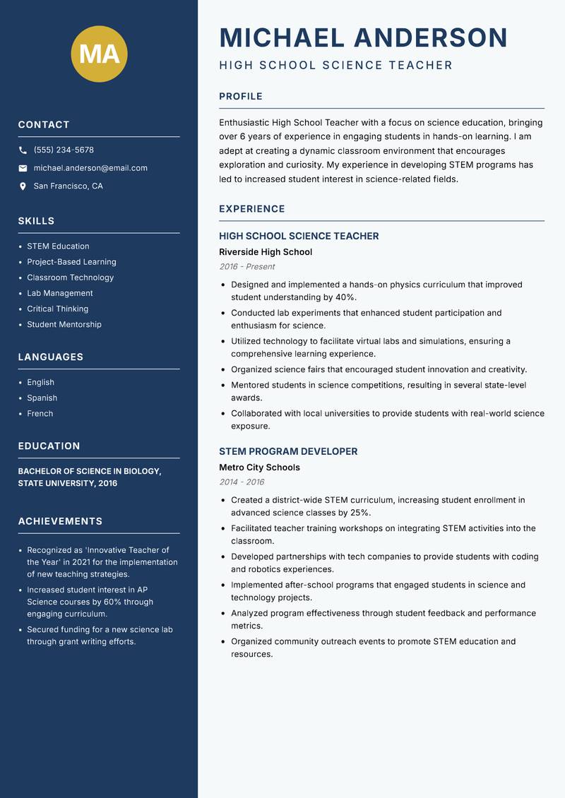 High School Teacher resume template — Classic Clean