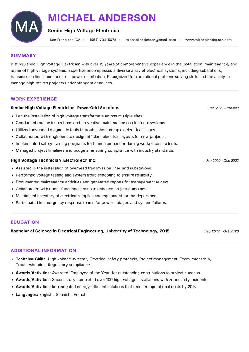 High Voltage Electrician resume example — ATS-friendly template