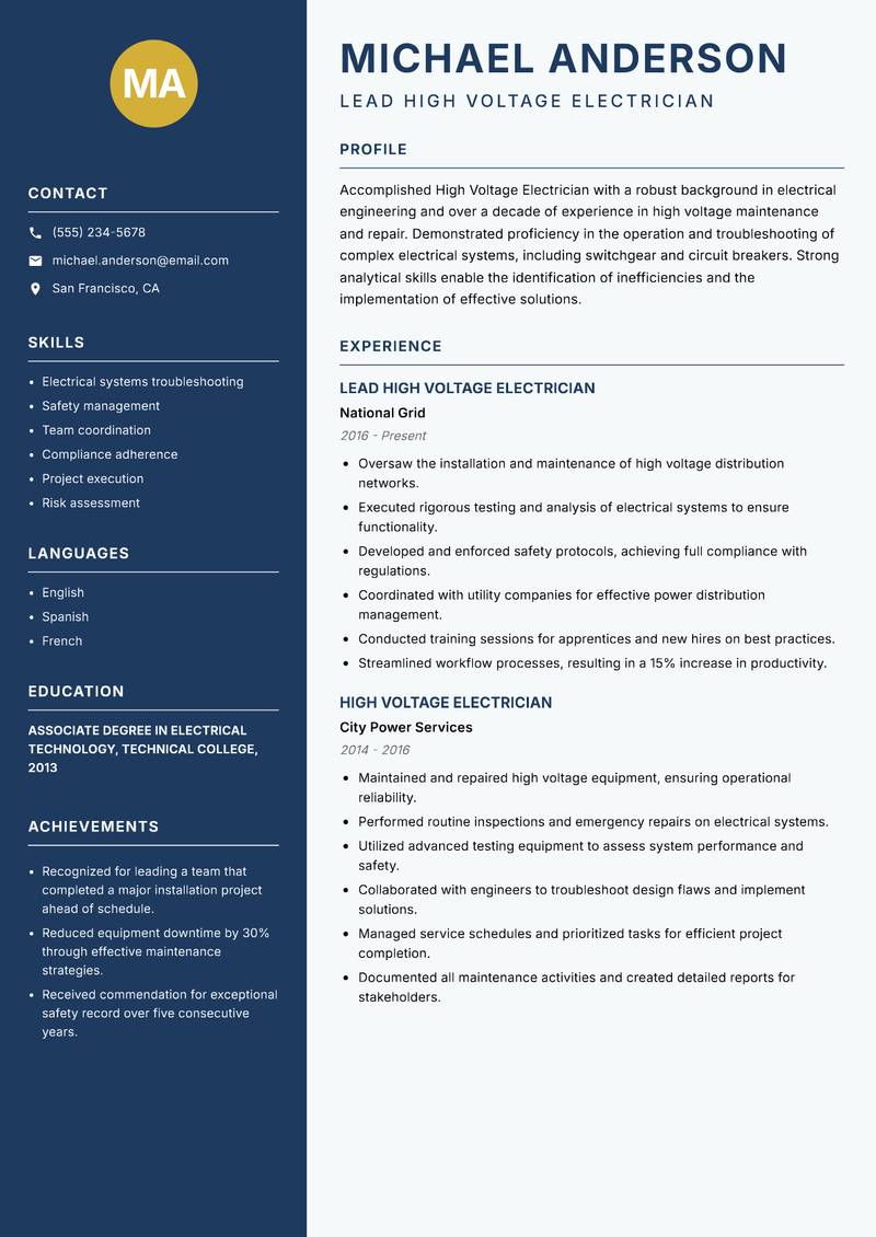 High Voltage Electrician resume template — Classic Clean