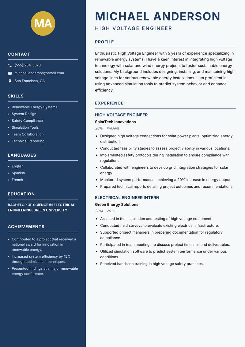 High Voltage Engineer resume template — Classic Clean