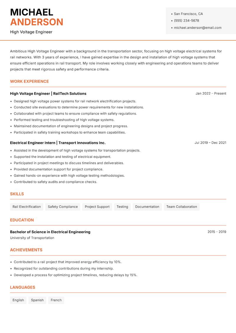 High Voltage Engineer resume template — Modern Professional