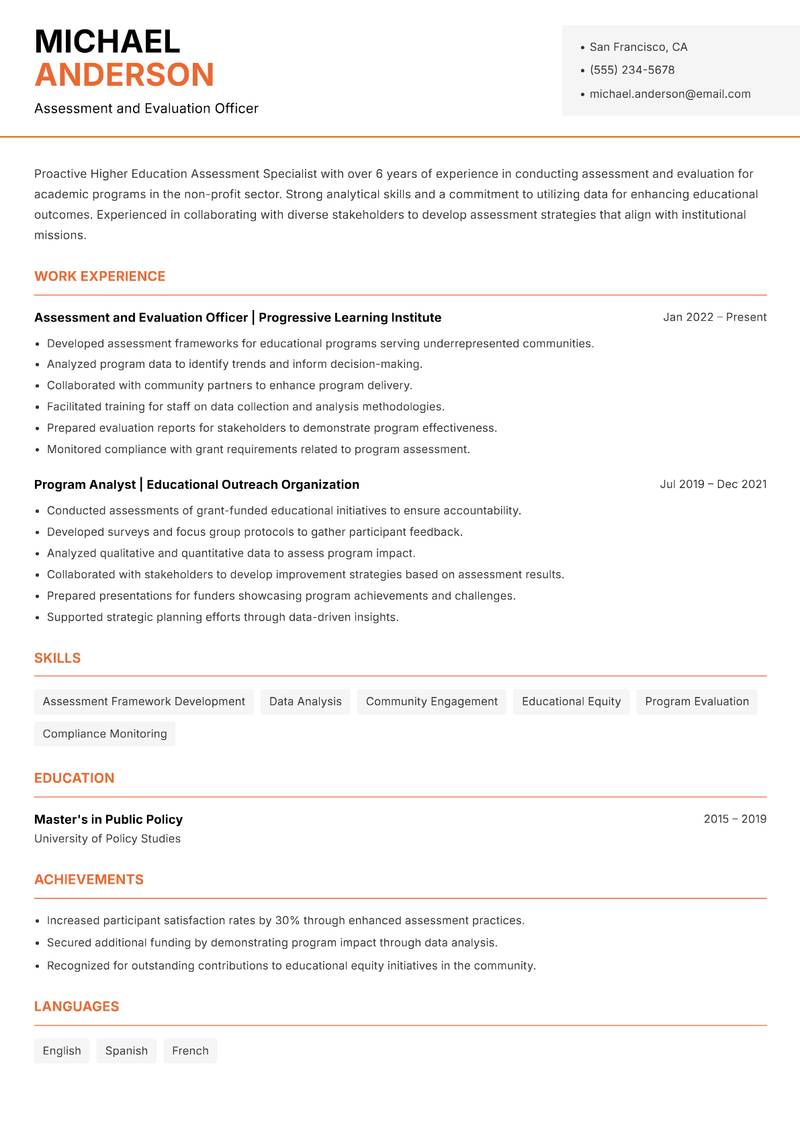 Higher Education Assessment Specialist resume template — Modern Professional