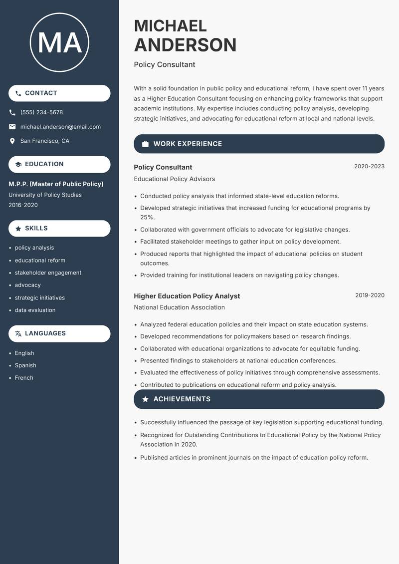 Higher Education Consultant resume template — Compact