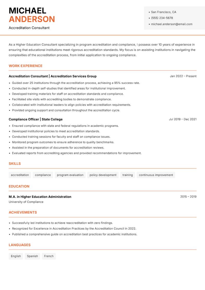 Higher Education Consultant resume template — Modern Professional
