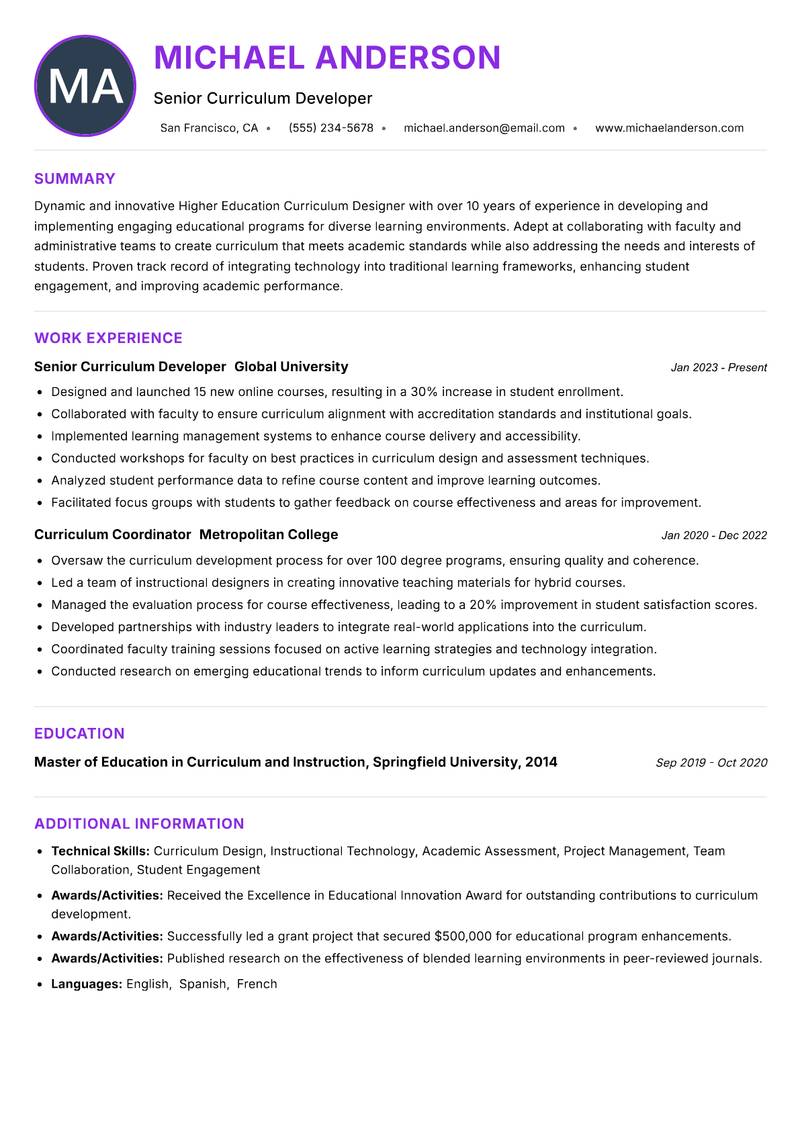 Higher Education Curriculum Designer resume example — ATS-friendly template