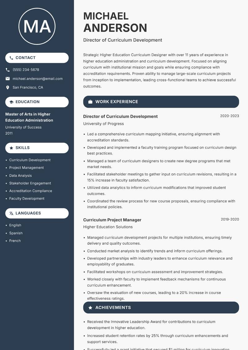 Higher Education Curriculum Designer resume template — Compact
