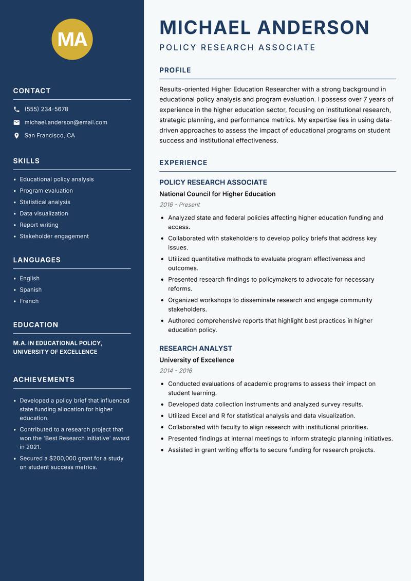 Higher Education Researcher resume template — Classic Clean