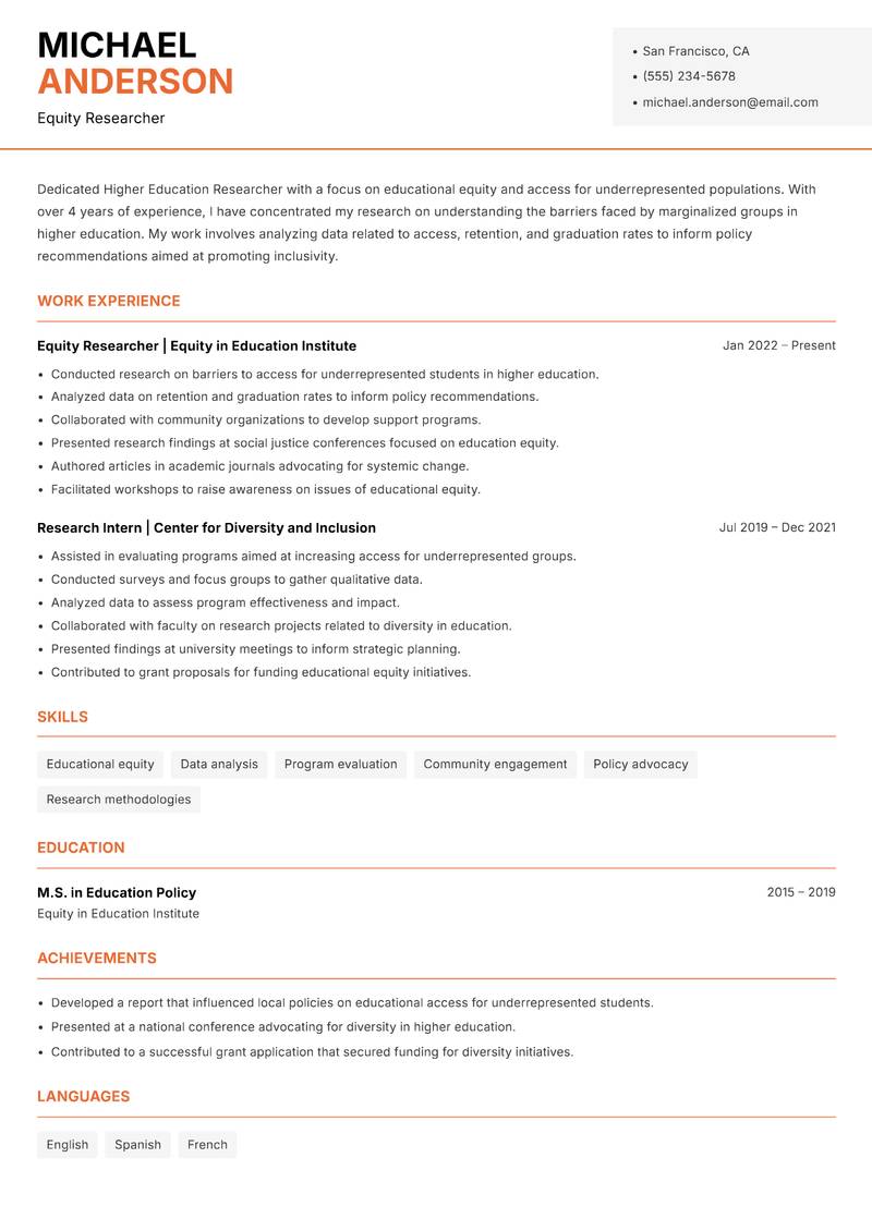 Higher Education Researcher resume template — Modern Professional