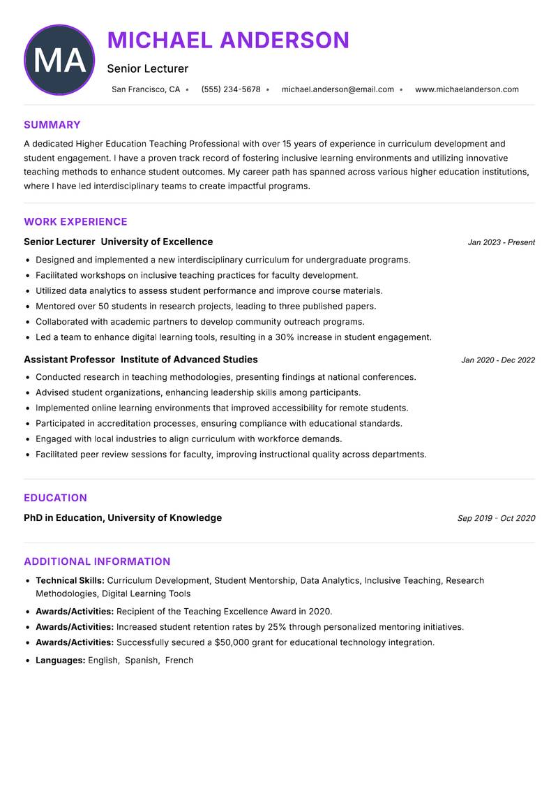 Higher Education Teaching Professional resume example — ATS-friendly template