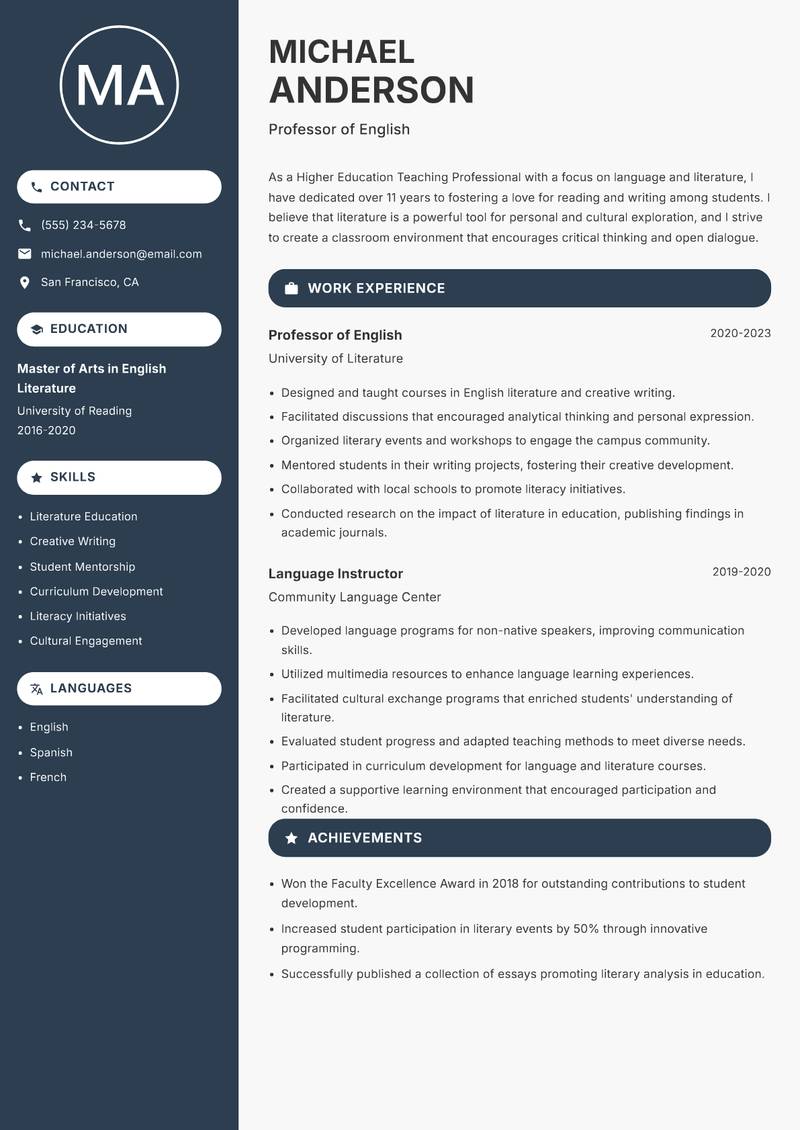 Higher Education Teaching Professional resume template — Compact