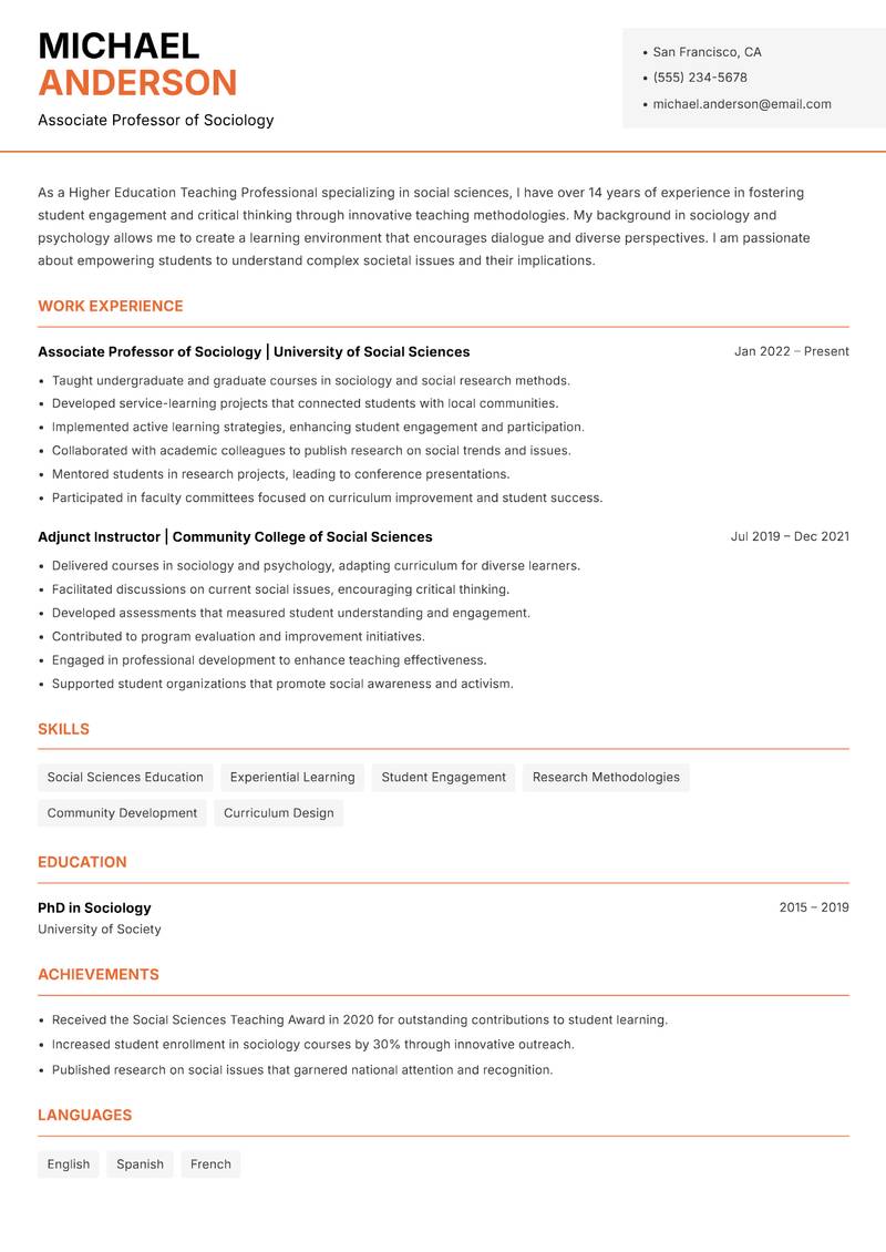 Higher Education Teaching Professional resume template — Modern Professional