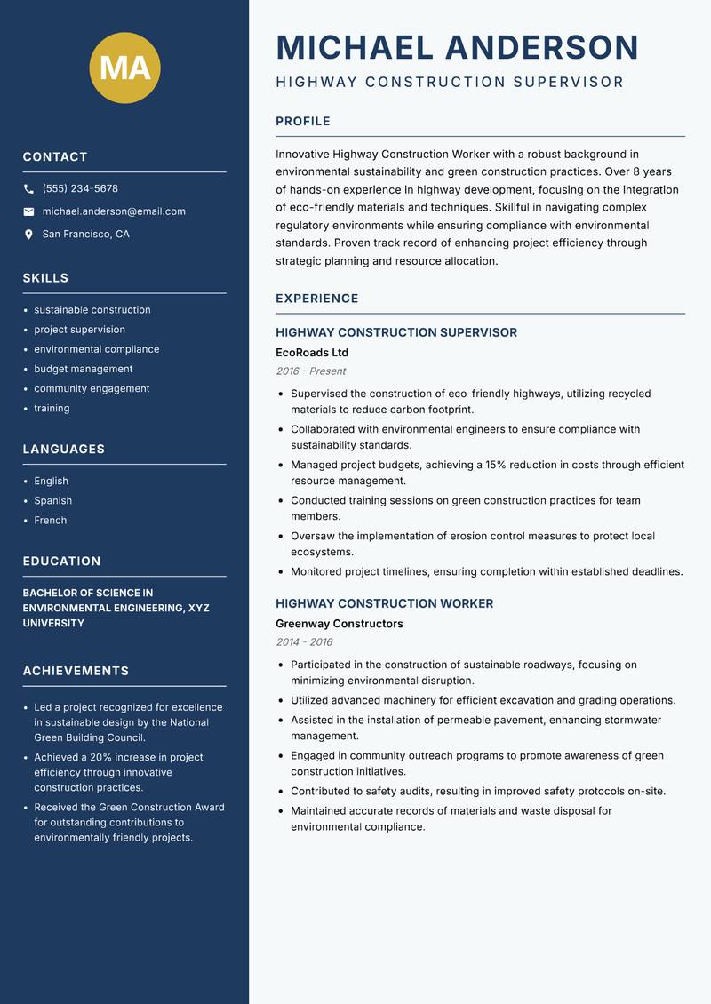 Highway Construction Worker resume template — Classic Clean