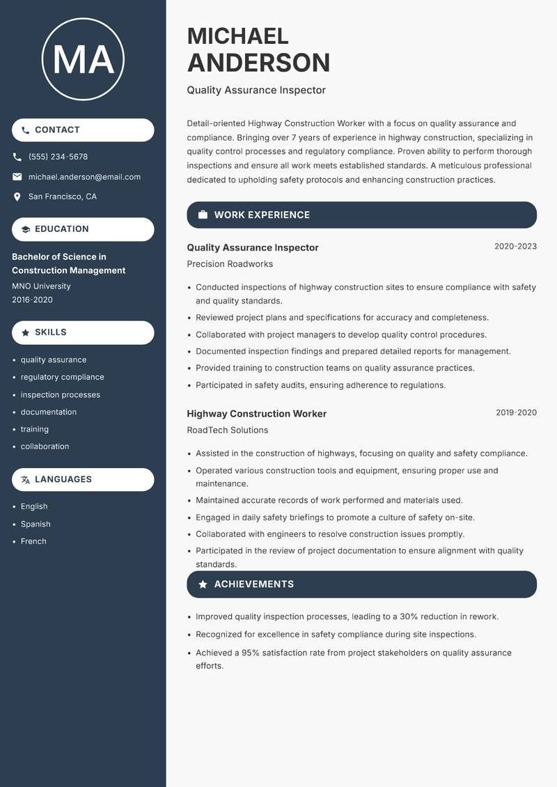 Highway Construction Worker resume template — Compact