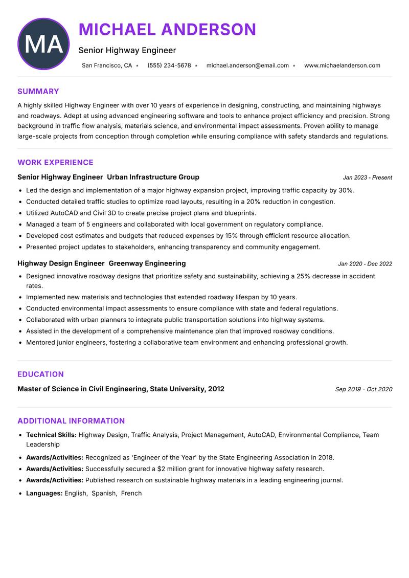 Highway Engineer resume example — ATS-friendly template