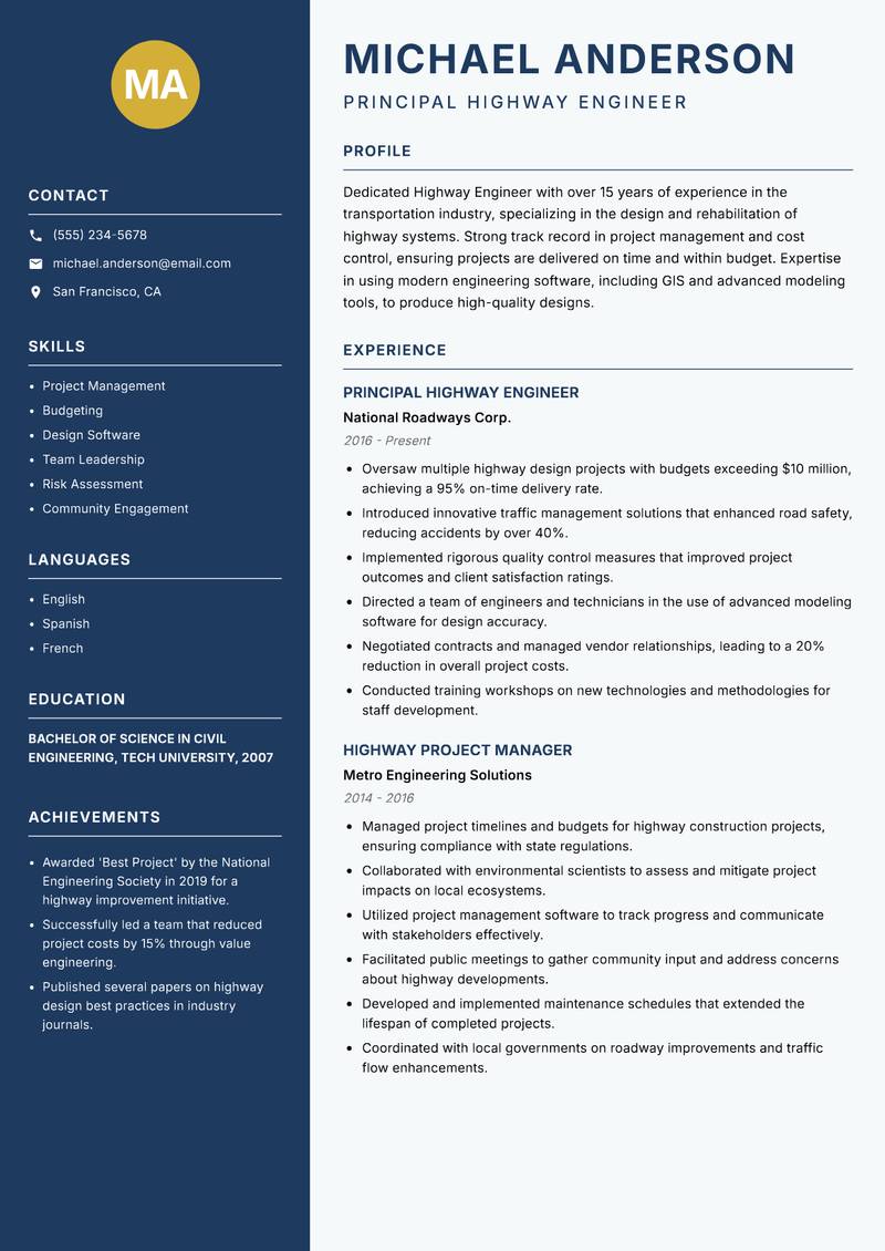 Highway Engineer resume template — Classic Clean