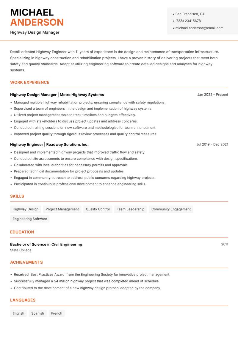 Highway Engineer resume template — Modern Professional