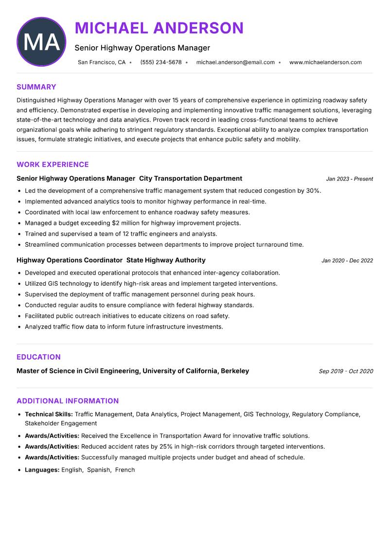 Highway Operations Manager resume example — ATS-friendly template