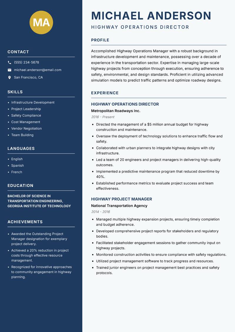 Highway Operations Manager resume template — Classic Clean