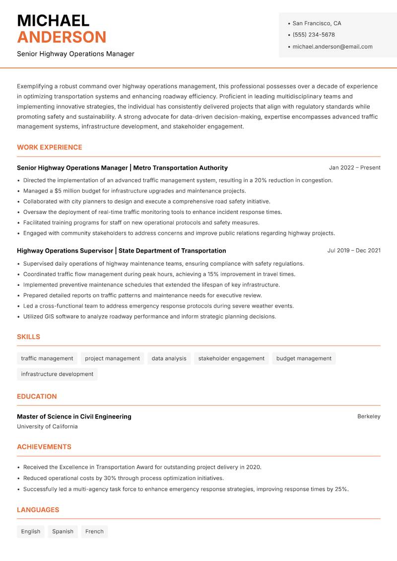 Highway Operations Manager resume template — Modern Professional