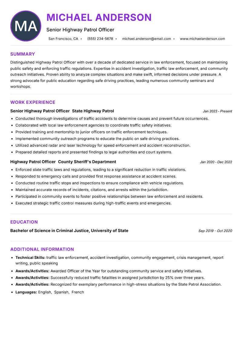 Highway Patrol Officer resume example — ATS-friendly template