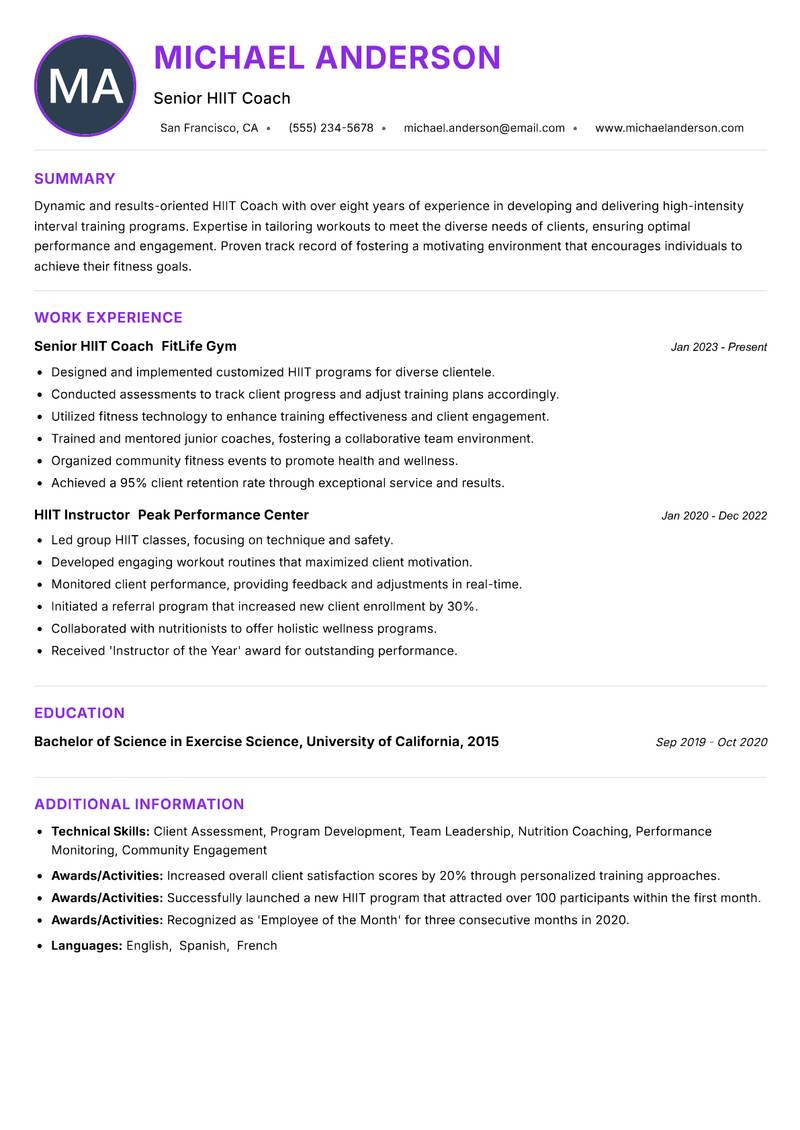 HIIT Coach resume example — ATS-friendly template