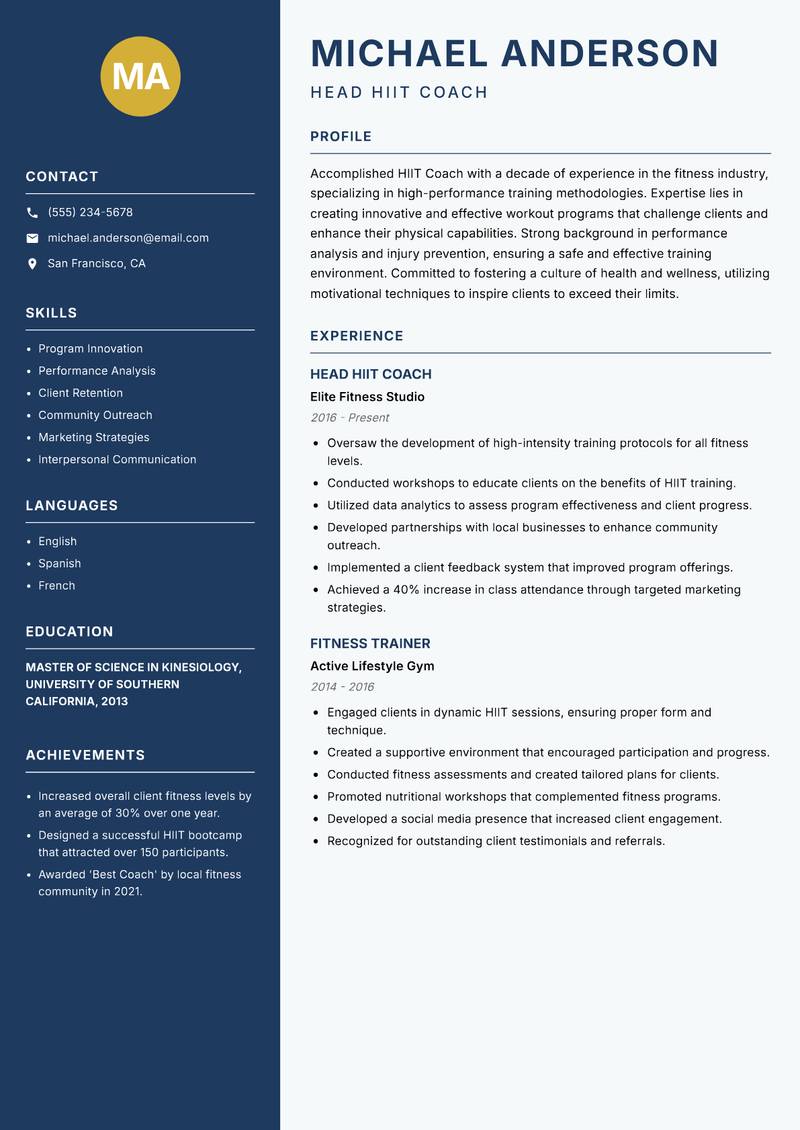 HIIT Coach resume template — Classic Clean