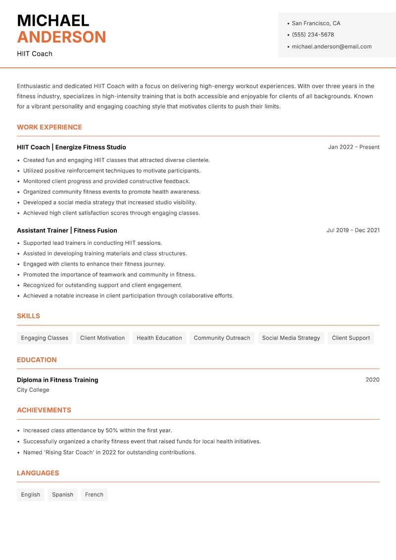 HIIT Coach resume template — Modern Professional