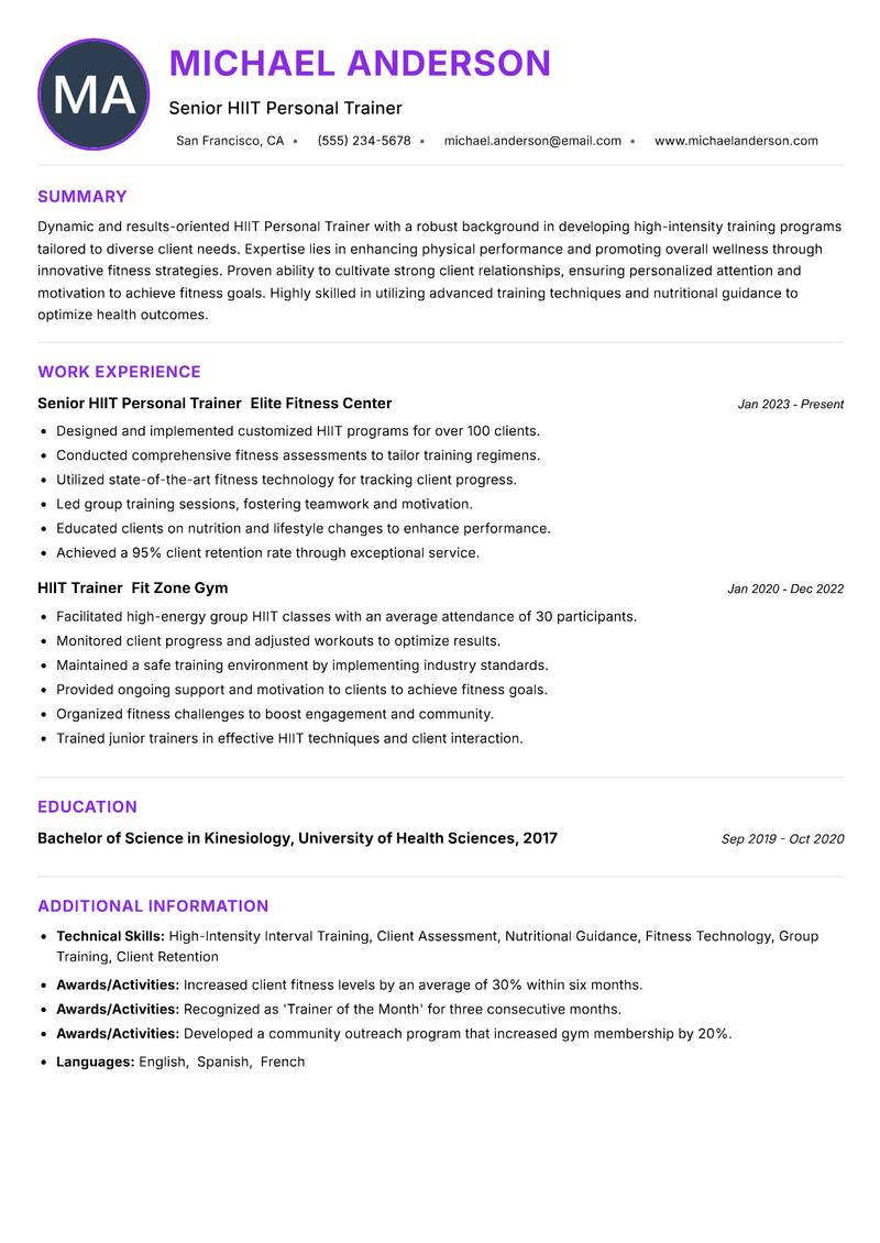 HIIT Personal Trainer resume example — ATS-friendly template