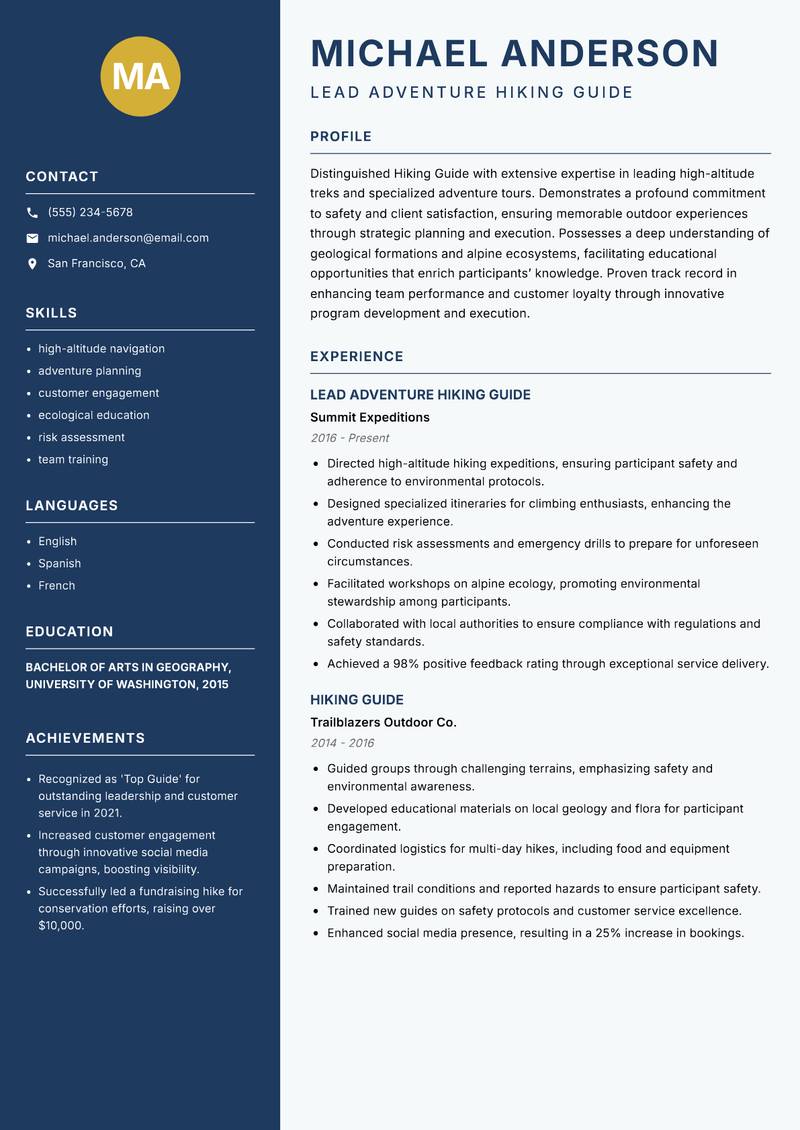 Hiking Guide resume template — Classic Clean