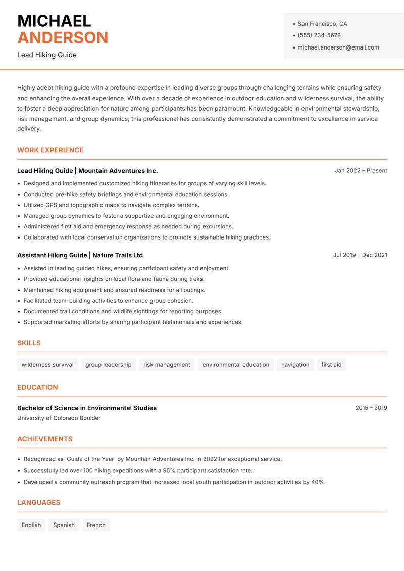 Hiking Guide resume template — Modern Professional
