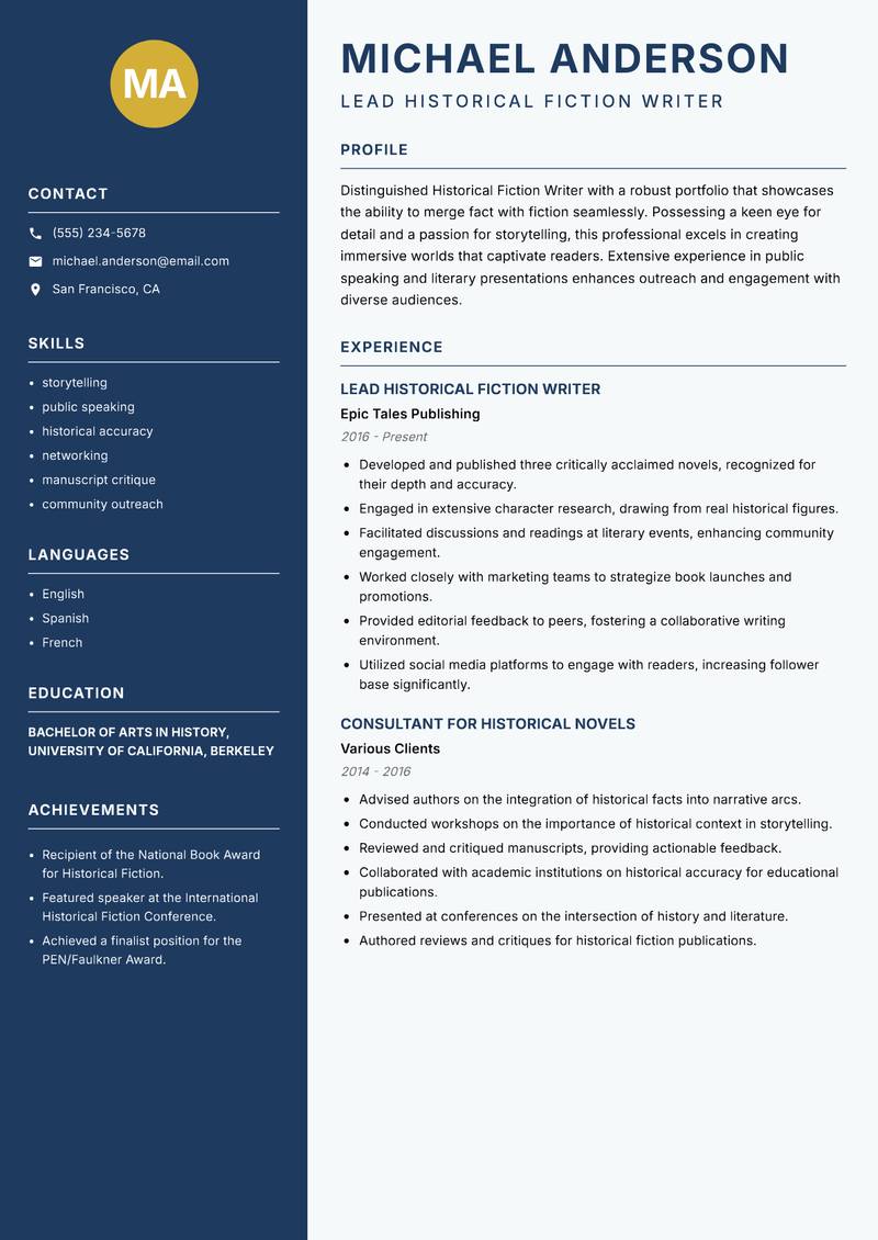 Historical Fiction Writer resume template — Classic Clean