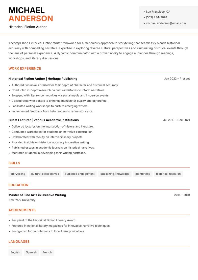 Historical Fiction Writer resume template — Modern Professional