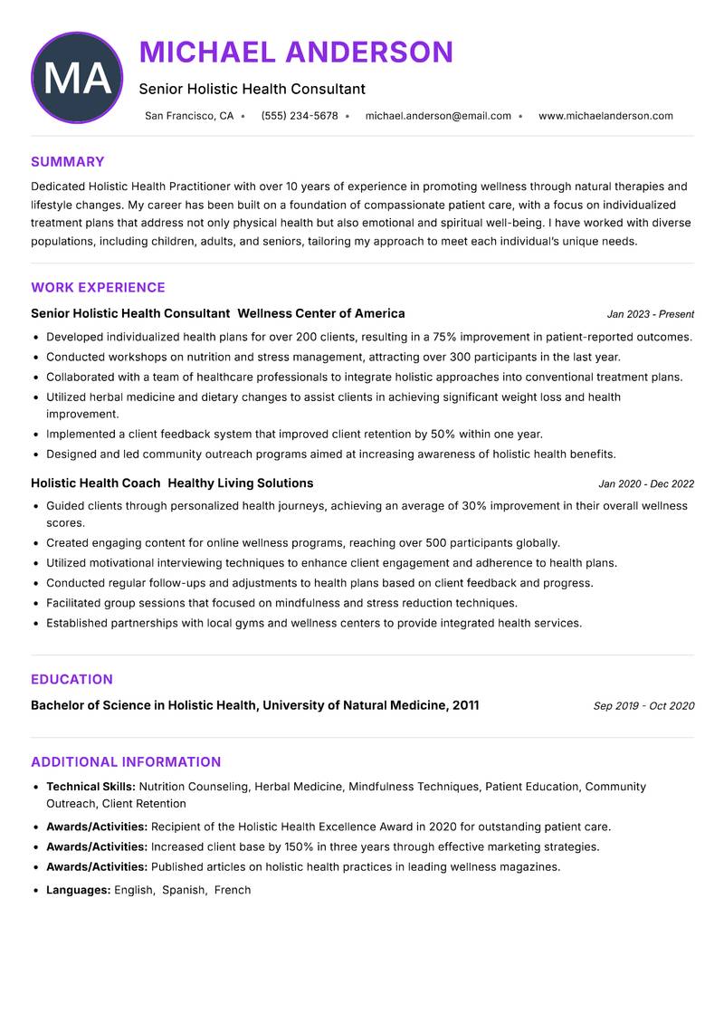 Holistic Health Practitioner resume example — ATS-friendly template