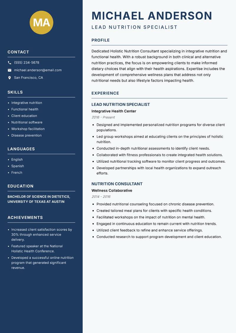 Holistic Nutrition Consultant resume template — Classic Clean