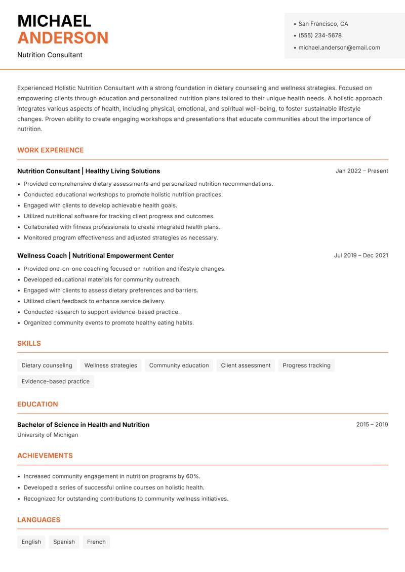 Holistic Nutrition Consultant resume template — Modern Professional