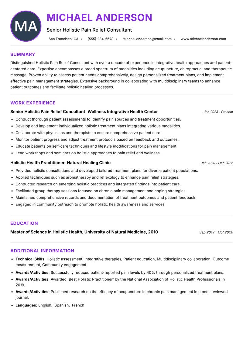 Holistic Pain Relief Consultant resume example — ATS-friendly template