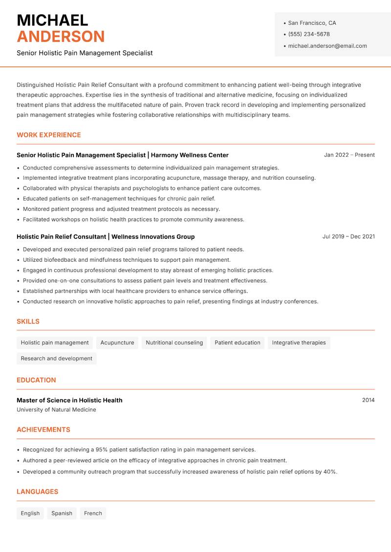 Holistic Pain Relief Consultant resume template — Modern Professional