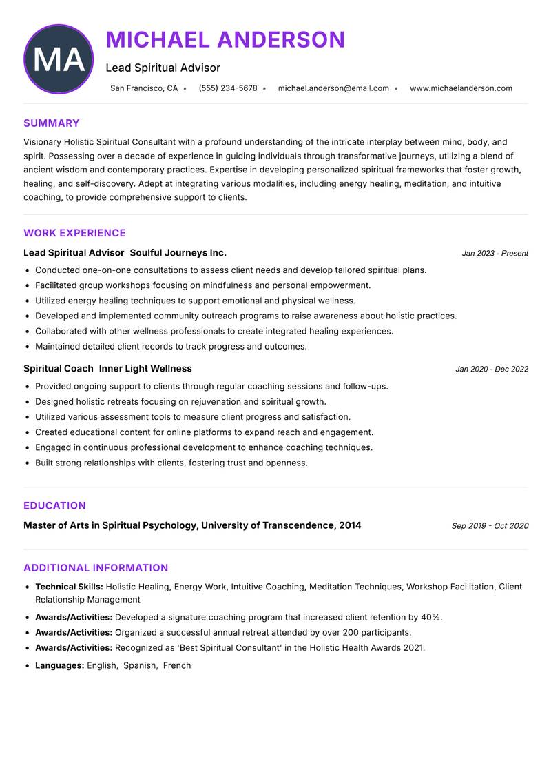 Holistic Spiritual Consultant resume example — ATS-friendly template
